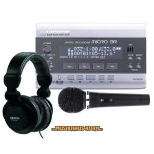 Boss Micro BR mit Kopfhörer und Audio Technica Mikrofon